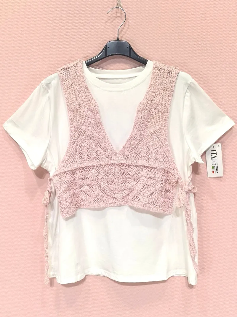 T-shirt blanc avec débardeur crocheté superposé（x8）