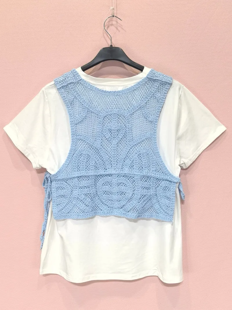 T-shirt blanc avec débardeur crocheté superposé（x8）
