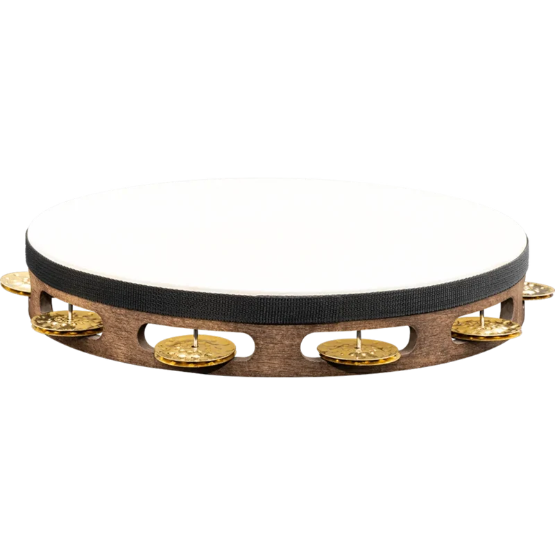 Meinl Vintage Wood Series 10" Headed Wood Tambourine, Single Row, Hammered Brass Jingles