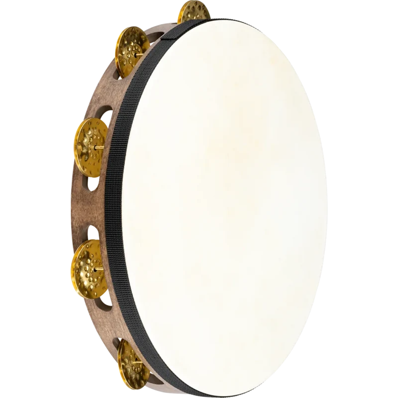 Meinl Vintage Wood Series 10" Headed Wood Tambourine, Single Row, Hammered Brass Jingles