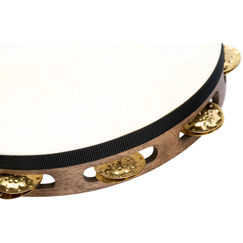 Meinl Vintage Wood Series 10" Headed Wood Tambourine, Single Row, Hammered Brass Jingles