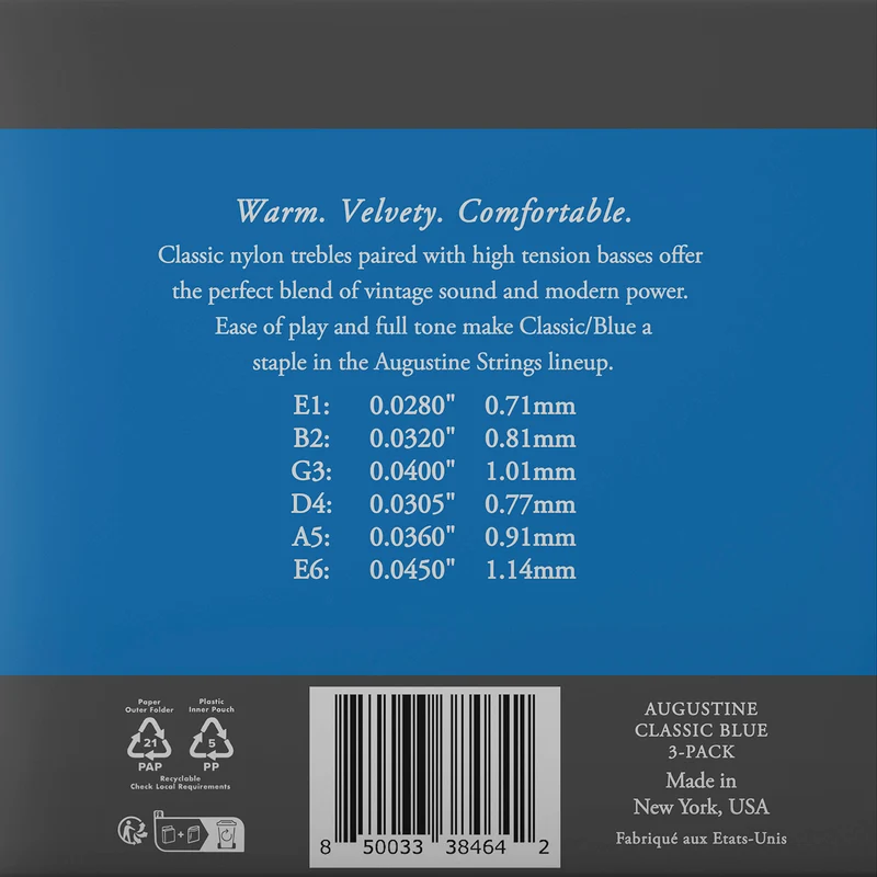 Pack de 3 jeux de cordes guitare classique AUGUSTINE Classic Bleu – Tirant Fort