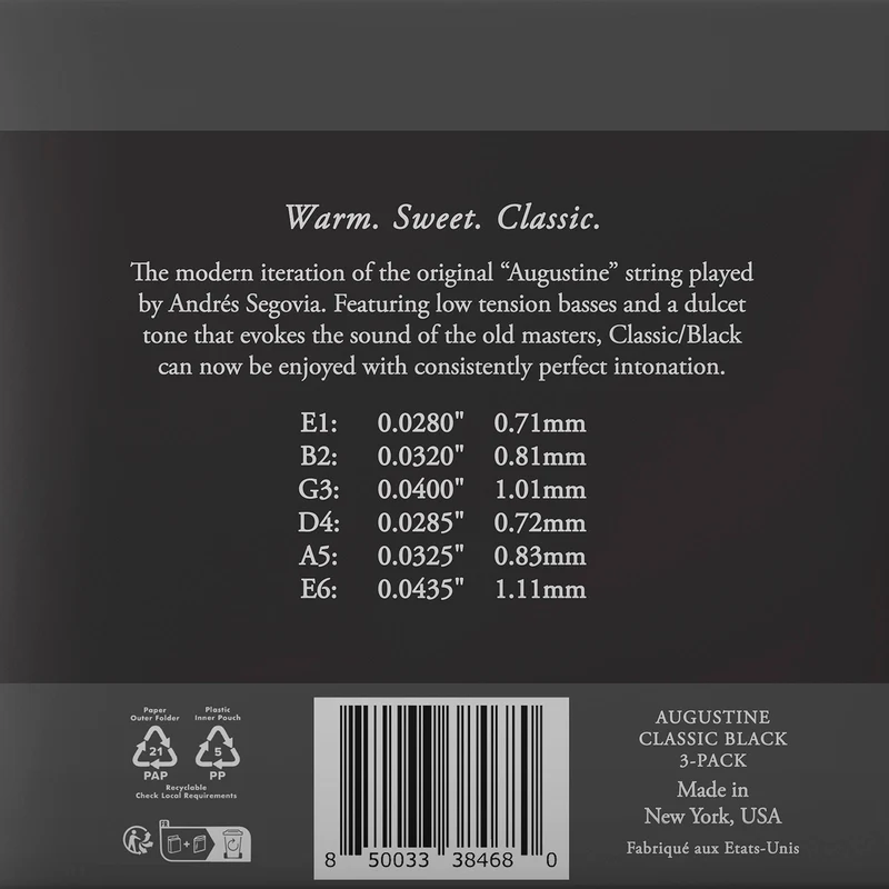 Jeu de cordes guitare classique AUGUSTINE Classic Noir – Tirant Faible