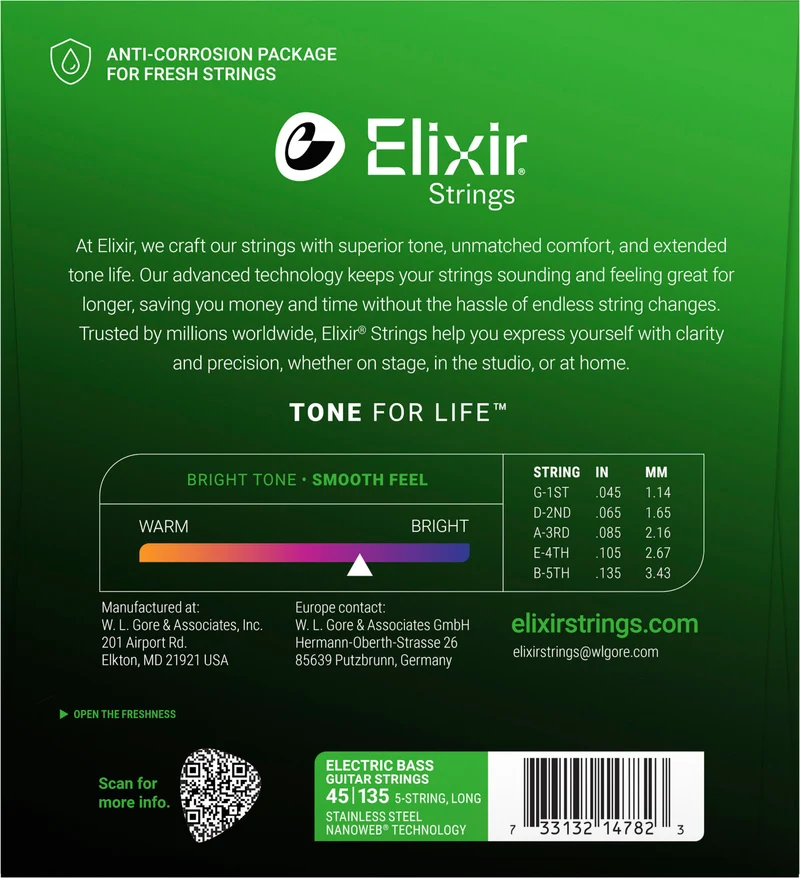 Jeu de cordes pour basse électrique ELIXIR 14782 Nanoweb Stainless Steel 5 cordes Medium 45-135