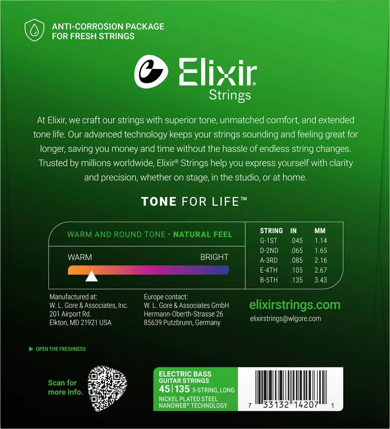 Jeu de cordes basse électrique ELIXIR 14207 NANOWEB Nickel – 5 cordes Light/Medium 45-135