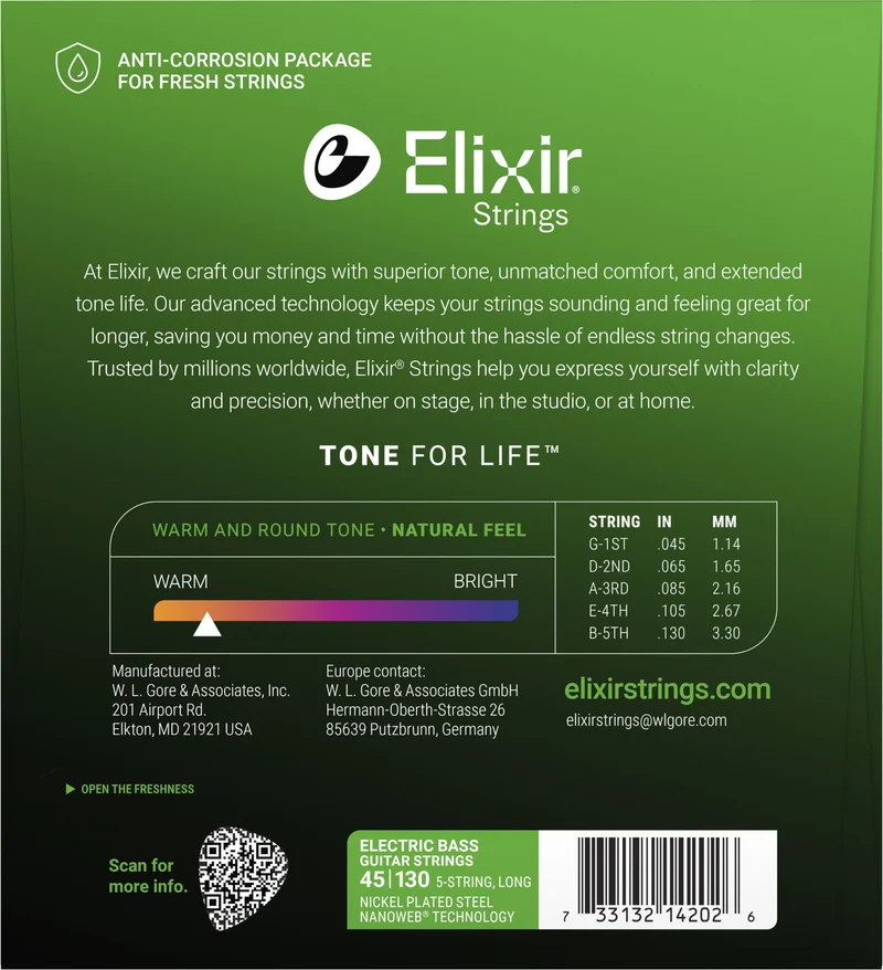 Jeu de cordes basse électrique ELIXIR 14202 Nanoweb Nickel – 5 cordes Light 45-130