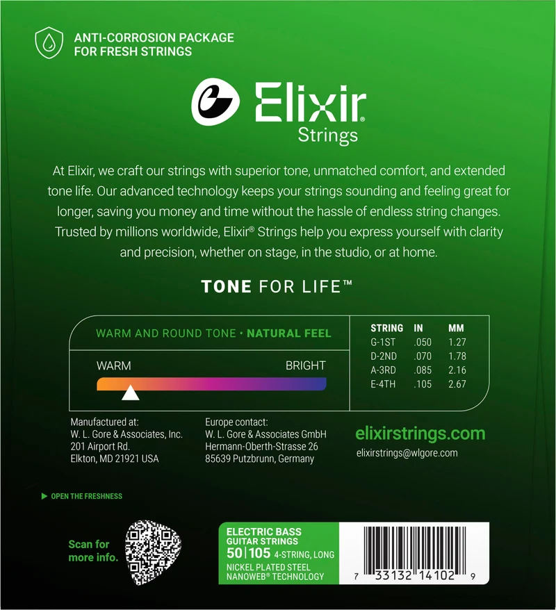 Jeu de cordes basse électrique ELIXIR 14102 NANOWEB Nickel 50-105