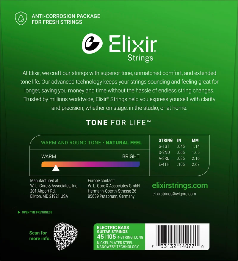 Jeu de cordes basse électrique ELIXIR 14077 Nanoweb Nickel Medium 45-105
