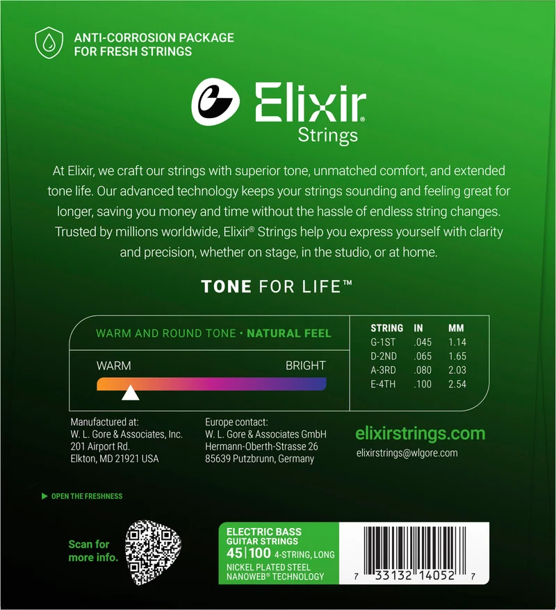 Jeu de cordes pour basse électrique ELIXIR 14052 Nanoweb Nickel Light 45-100