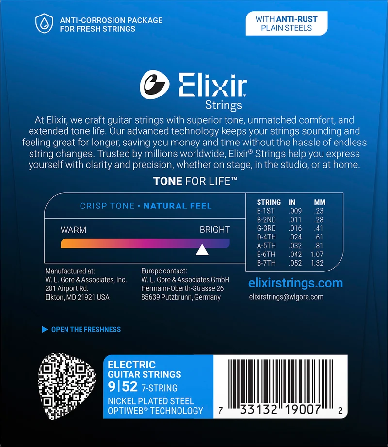 Jeu de cordes guitare électrique ELIXIR 19007 OPTIWEB – 7 cordes Super Light 09-52