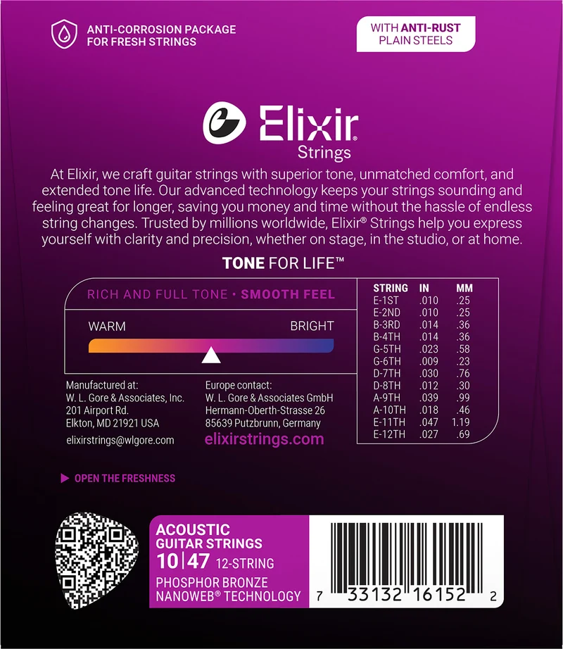 Jeu de Cordes Guitare Acoustique 12 Cordes – Elixir 16152 NANOWEB Phosphor Bronze Light 10-47