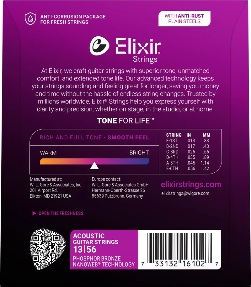 Jeu de Cordes Guitare Acoustique – Elixir 16102 Nanoweb Phosphor Bronze Medium 13-56