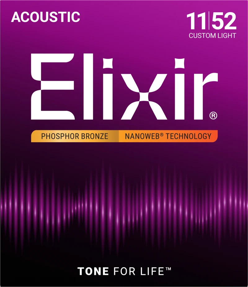 Jeu de Cordes Guitare Acoustique Elixir 16027 NANOWEB Phosphore Bronze Custom Light 11-52