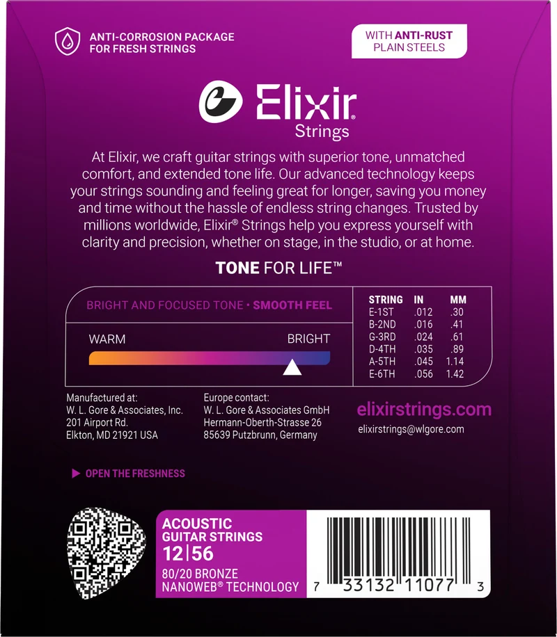 Jeu de Cordes Guitare Acoustique – ELIXIR 11077 Nanoweb Bronze Medium Light 12-56