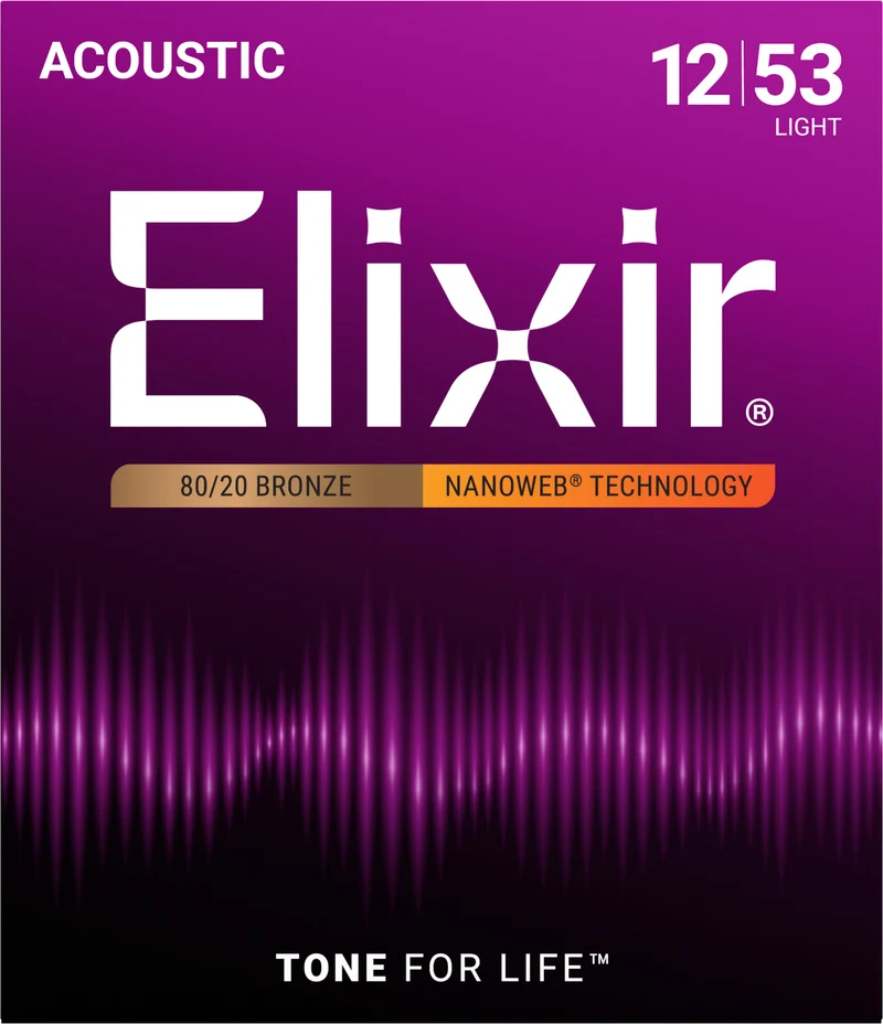 Jeu de Cordes Guitare Acoustique – ELIXIR 11052 Nanoweb 80/20 Bronze Light 12-53