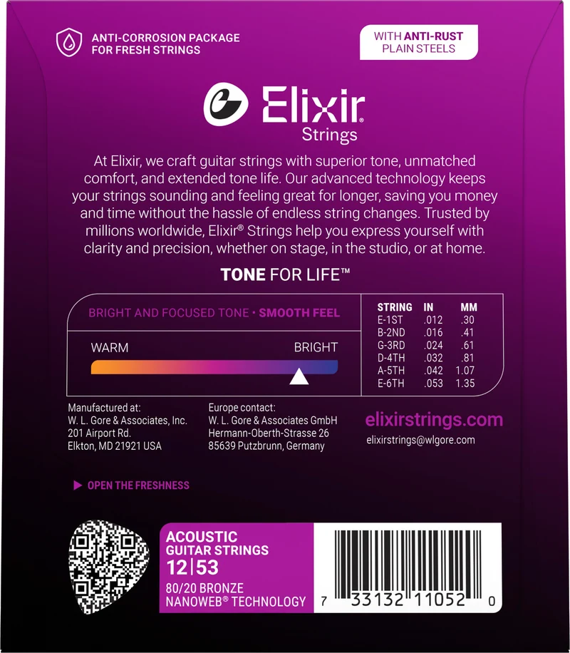 Jeu de Cordes Guitare Acoustique – ELIXIR 11052 Nanoweb 80/20 Bronze Light 12-53