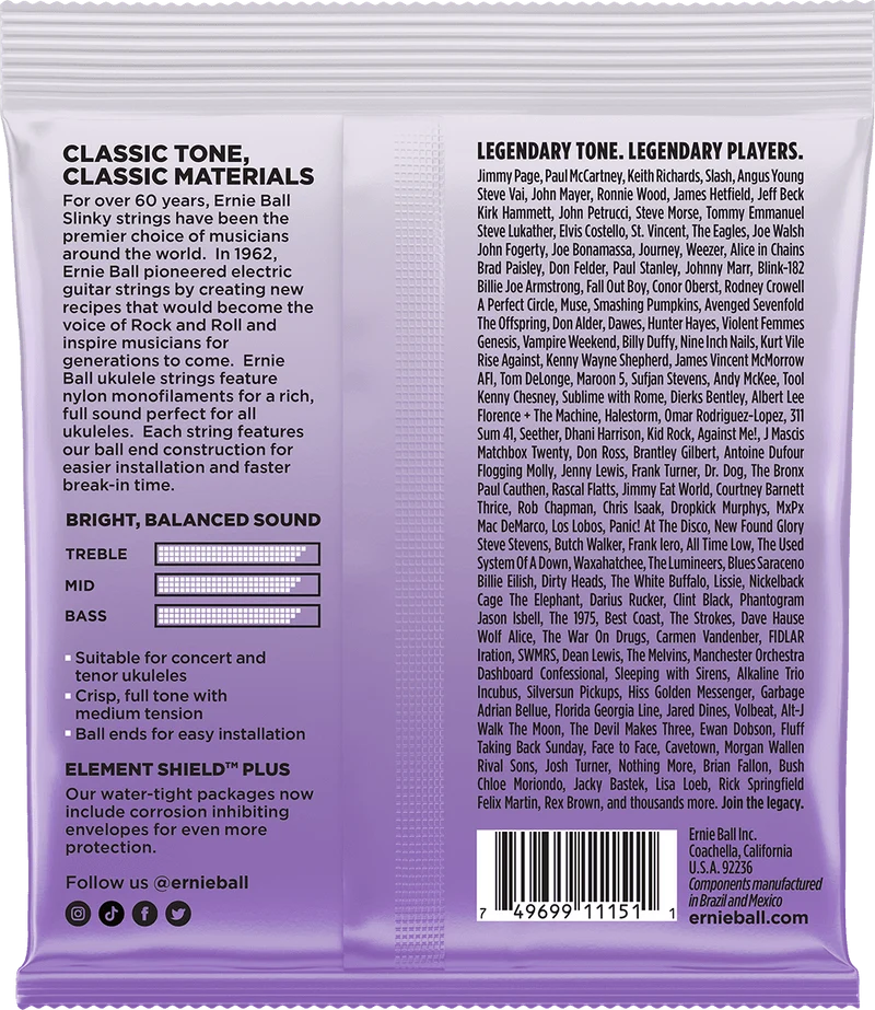 ERNIE BALL 2327 – Jeu de cordes Ukulélé Concert ou Ténor Nylon noir à boule – Sol filé 28-40