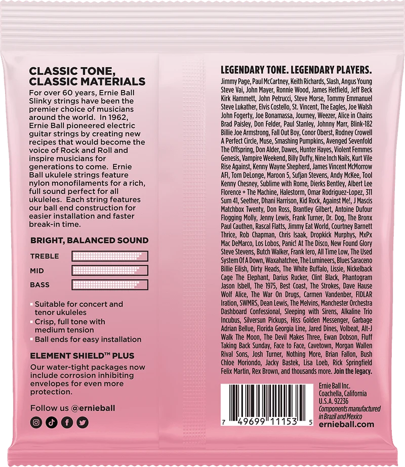 ERNIE BALL 2330 Nylon clair à boule – Sol filé 28-40 – Jeu de cordes pour ukulélé concert ou ténor