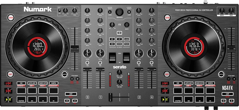 Numark NS4FX – Contrôleur DJ 4 voies avec carte son et écrans