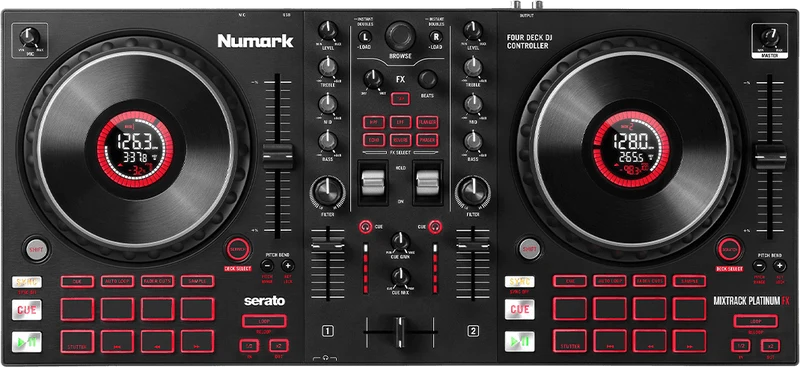 Numark Mixtrack Platinum FX – Contrôleur DJ 4 voies avec carte son, 16 pads et écrans intégrés