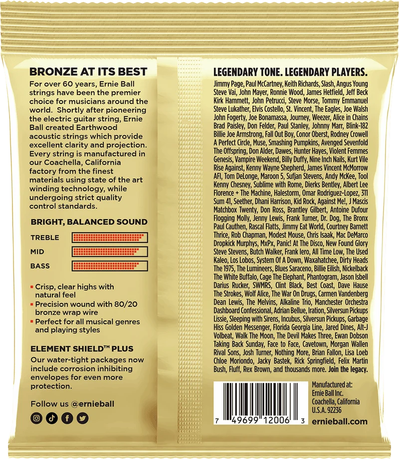 Jeu de cordes ERNIE BALL 2006 Earthwood Bronze – guitare acoustique – Extra Light 10-50