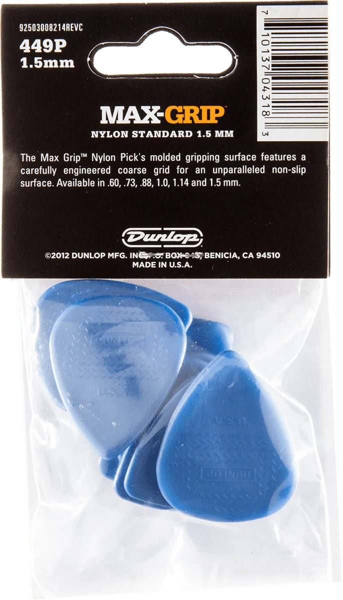 Lot de 12 médiators Dunlop Nylon Max-Grip 1.50mm 449P150