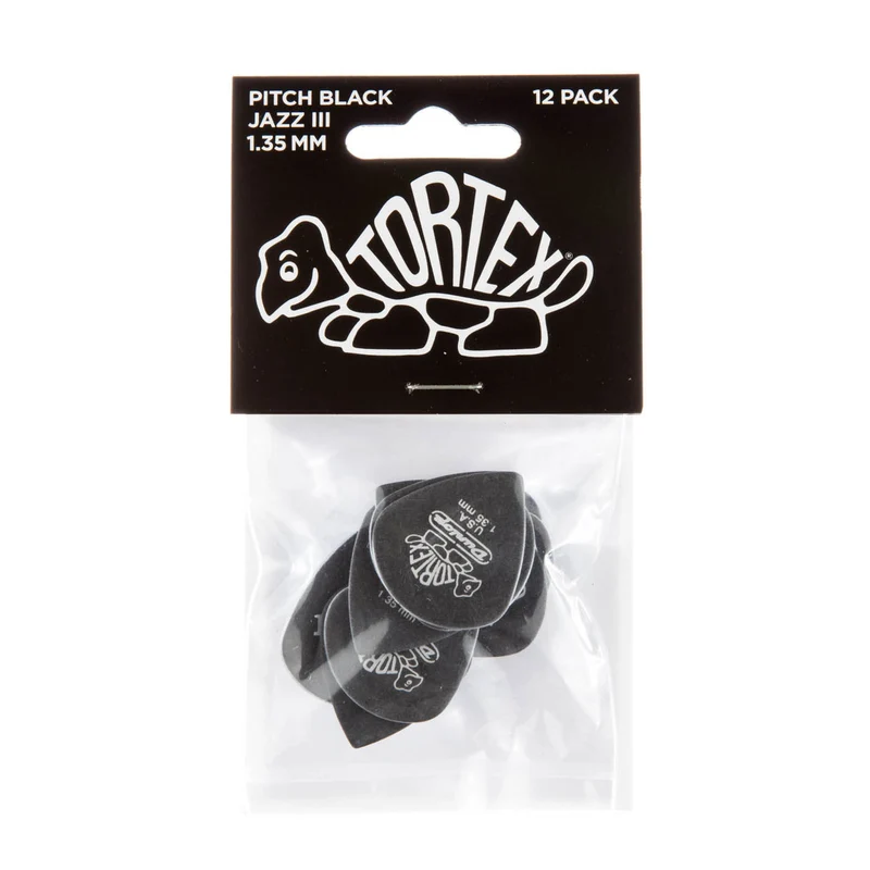 Player’s Pack de 12 médiators Dunlop Tortex Pitch Black Jazz III 1.35 mm 482P135