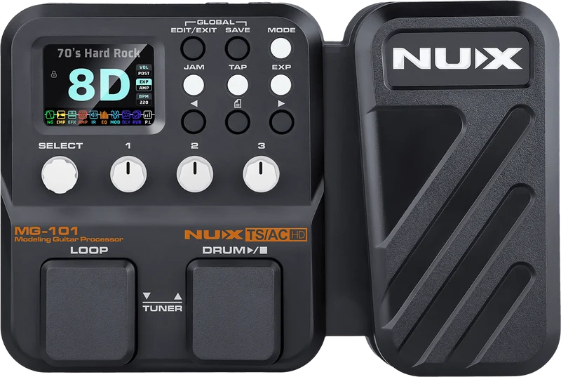 MULTI-EFFETS GUITARE COMPACT 2 SWITCHS + PEDALE D'EXPRESSION NUX MG101